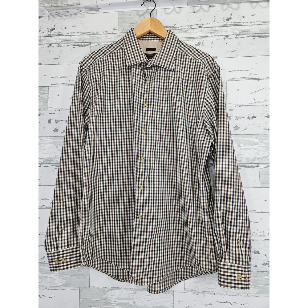 Jos A Bank Reserve Mens Large Tailored Fit Cotton No Wrinkle Check Shirt Brown